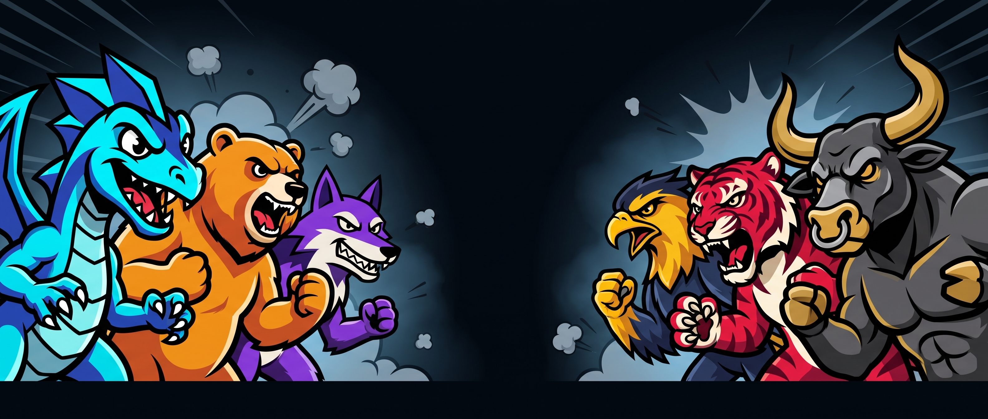 Mascot characters facing off behind the booth packages
