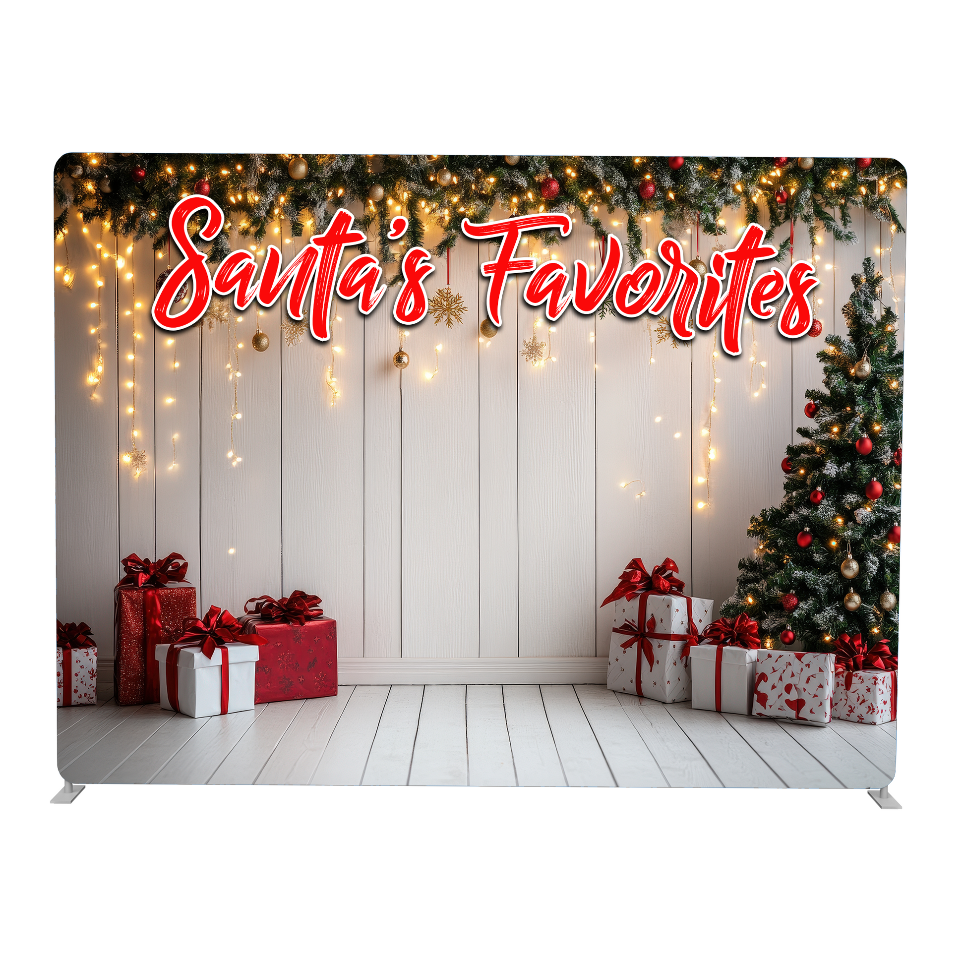 Christmas-themed backdrop with 'Santa's Favorites' text, decorated with lights, a tree, and presents.